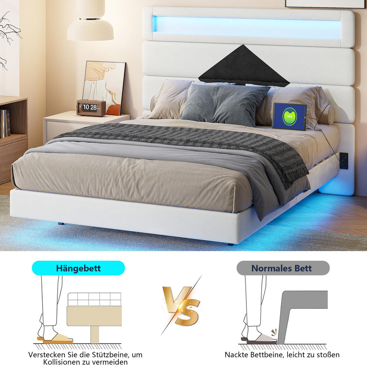 POLSTERBETT 140/190 cm beige Samt mit LED USB Kopfteil - Beige, Holz