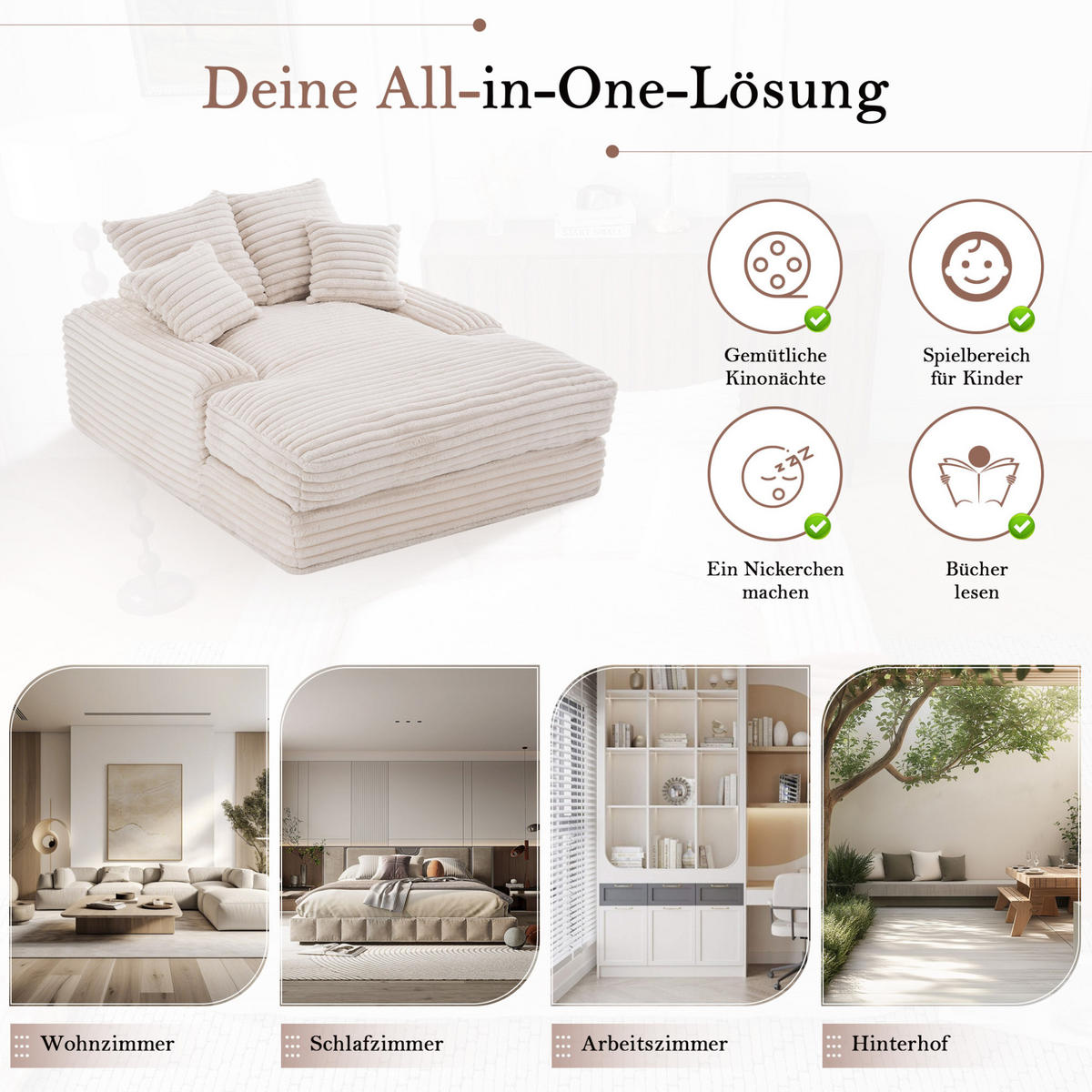 RELAXLIEGE Cord 135x165 cm Beige mit 4 Kissen - Beige, Kunststoff (135/58/165cm) - Beauniv