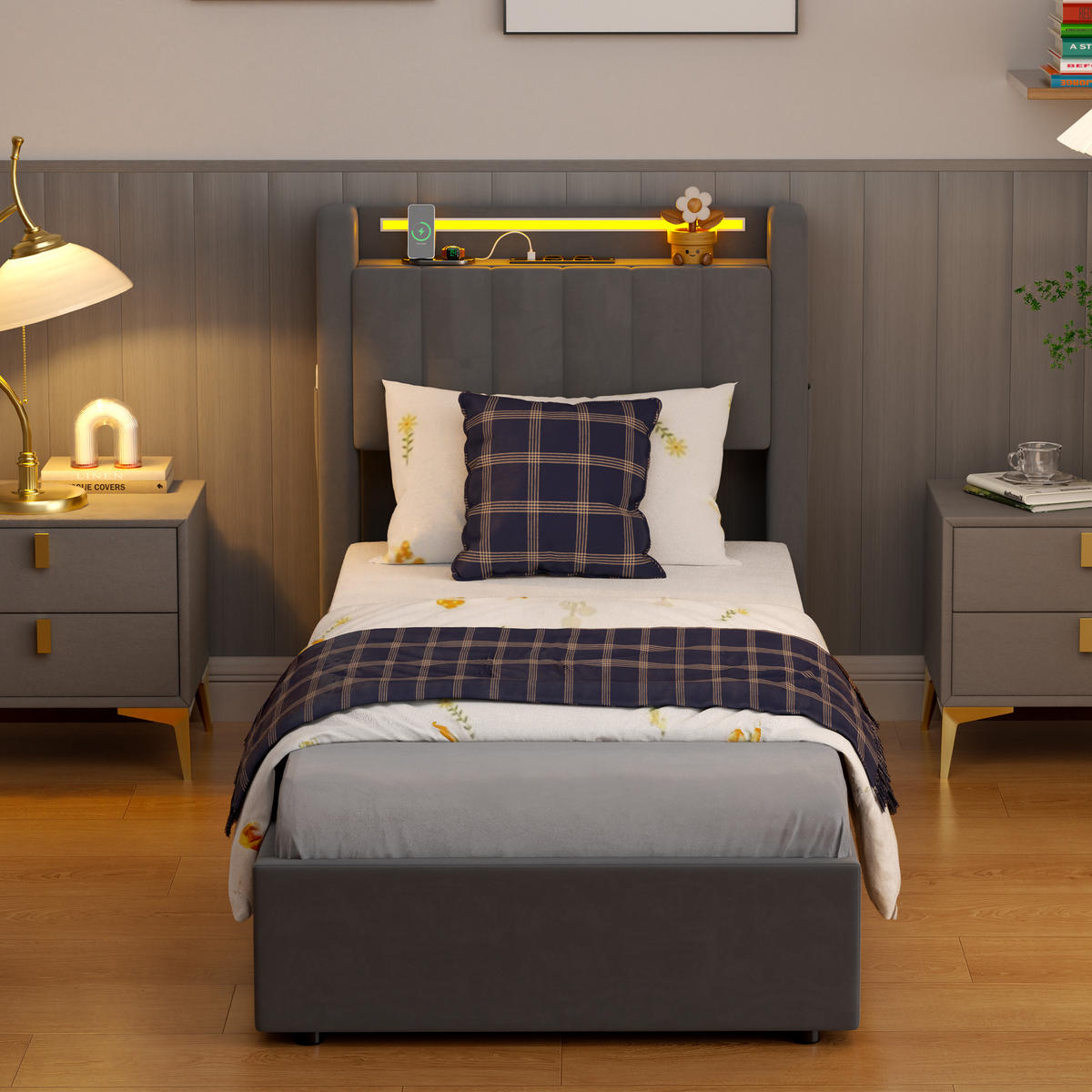 POLSTERBETT 90/200 cm in Grau, mit Bettkasten, Stauraum, USB und LED Beleuchtung, ohne Matratze - Grau, Holzwerkstoff/Textil (90/200cm) - WISHDOR