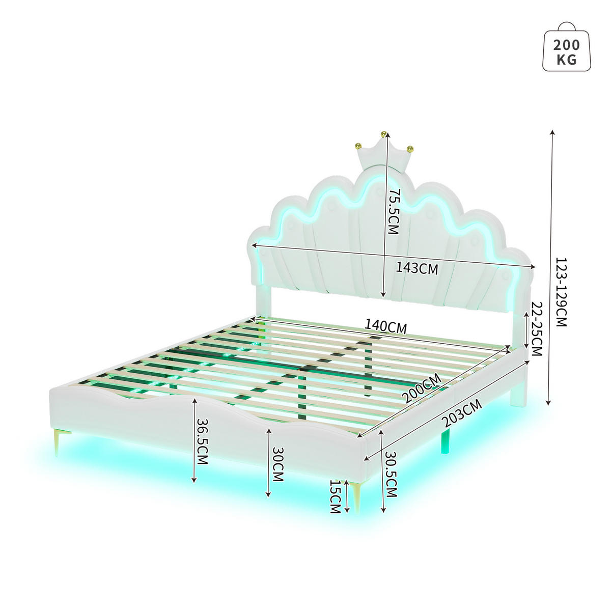 KINDERBETT 140/200 cm in Weiß mit LED und höhenverstellbarem Kopfteil - Weiß, Kunststoff (140/200cm) - BEAOK