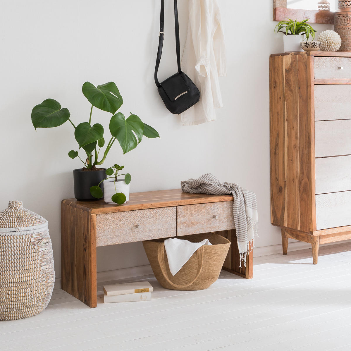 GARDEROBENBANK - Akazie massiv, Ecru / Akazie - Akaziefarben, Holz (90/45/40cm) - home24