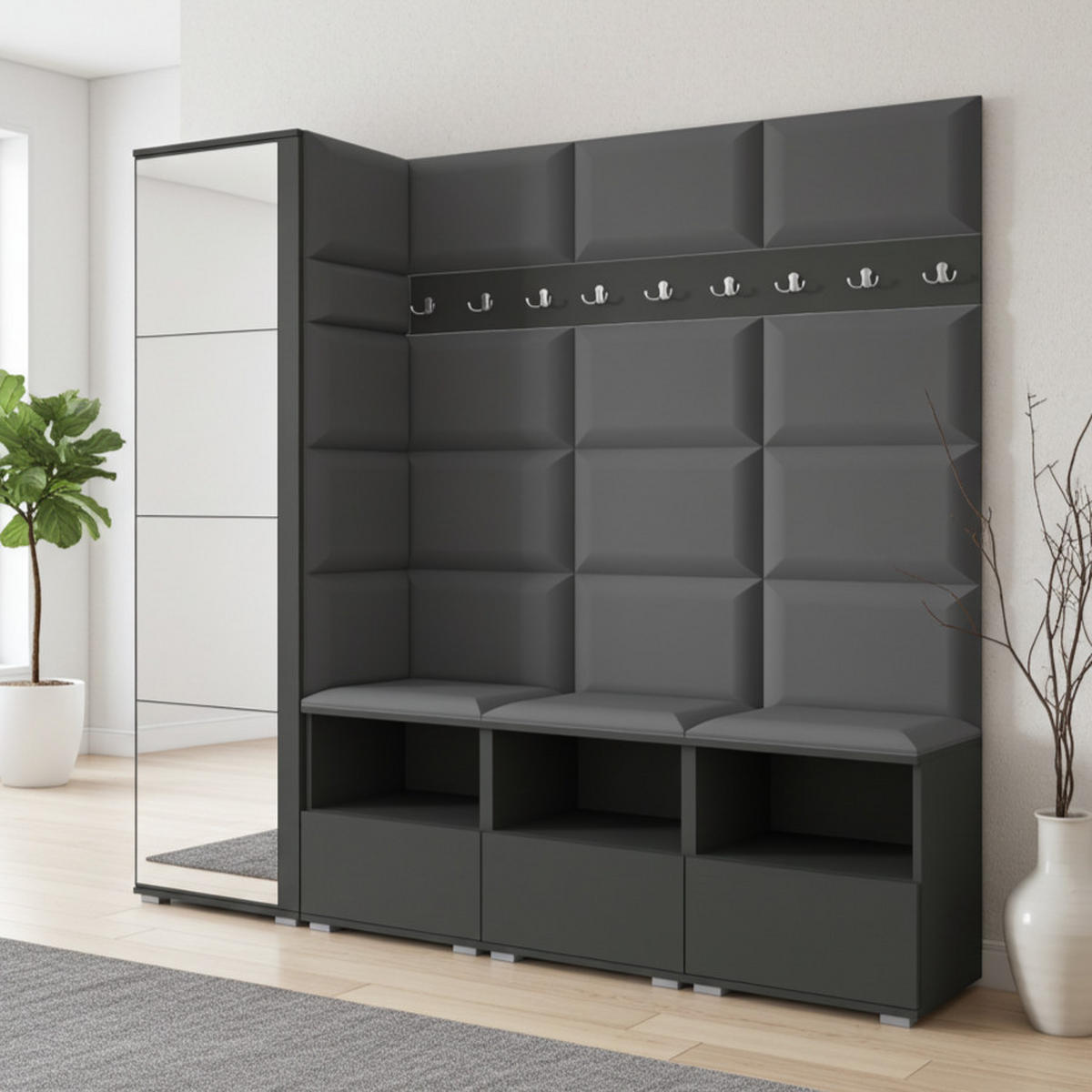 GARDEROBE NELA IX 200 cm (Modulare Flurmöbel Graphit mit Spiegel & Sitzpolster Dunkelgrau 15 Breite Sitzbank) - Dunkelgrau/Silberfarben, Holz/Holzwerkstoff (200/187/40cm) - Ravio
