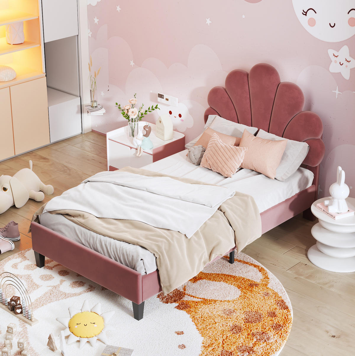 POLSTERBETT 90/200 cm bohnenrot aus Samt mit Blumen-Kopfteil - Dunkelrosa, Textil (90/200cm) - OKMYHOME