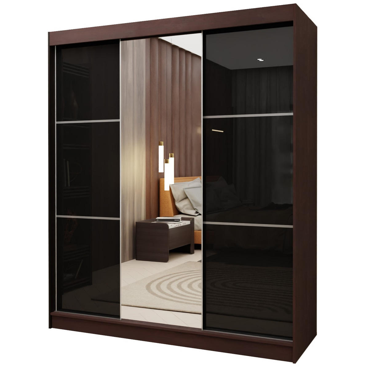 SCHWEBETÜRENSCHRANK VITALE 180/216/61 cm 3-türig mit Spiegel Wengefarben - Wengefarben/Schwarz, Holzwerkstoff (180/216/61cm) - MASSENO