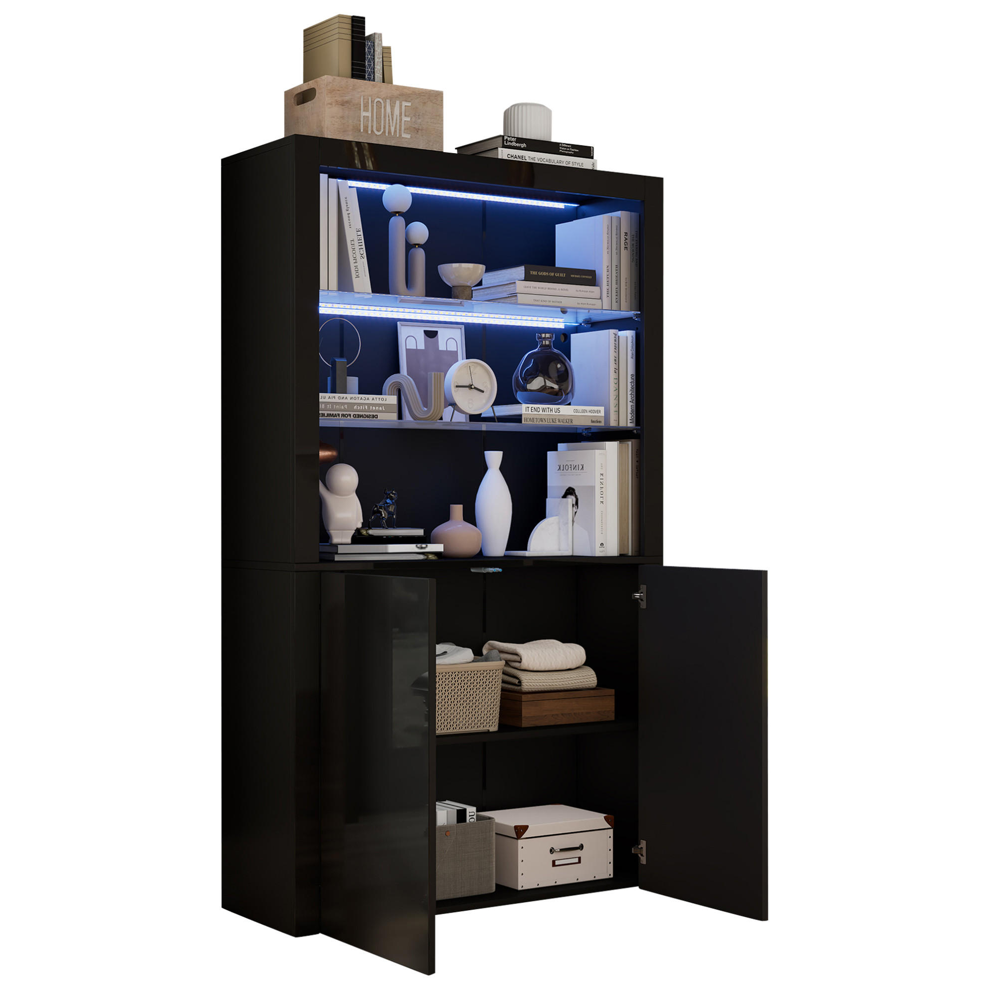 VITRINE 100/35/170 cm Schwarz aus MDF, Glas und Spanplatte mit LED - Schwarz, Holzwerkstoff (100/170/35cm) - OKWISH