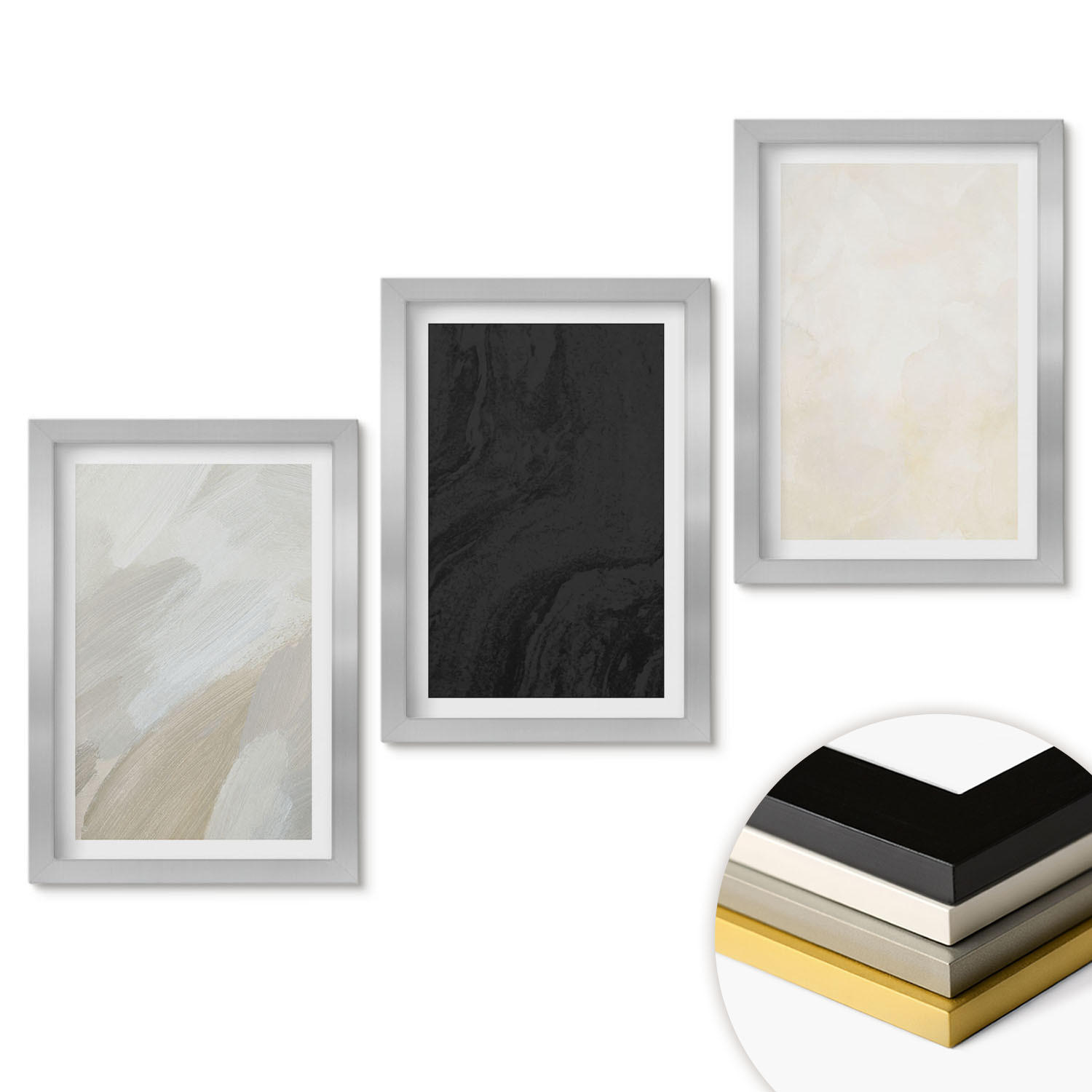 WANDBILDER 3er Set - 20x30 cm Silberner Rahmen - Strukturen schattieren Minimalismus - Silberfarben, Kunststoff (20/30cm) - ArtPrintCave
