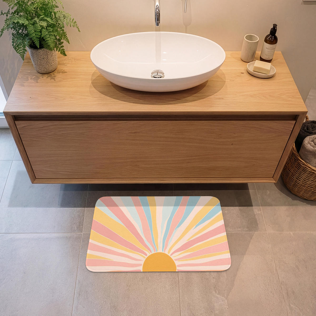 BADEMATTE Illustration - Sonne - Pastellfarben 60x40 cm - Pastellblau, Kunststoff/Textil (60/40cm)