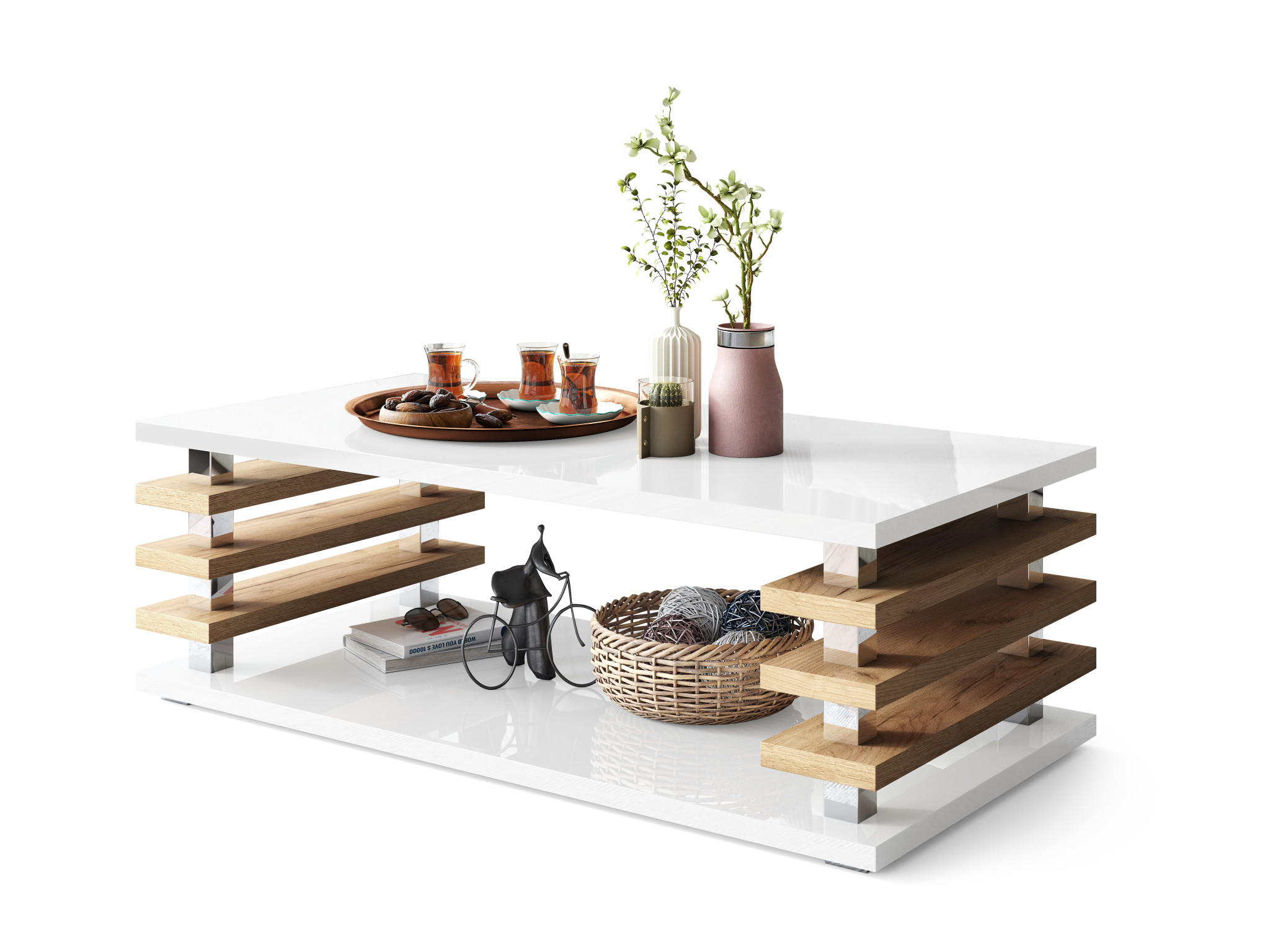 designimpex Couchtisch Weiß Hochglanz, Eiche 120x40x60 cm