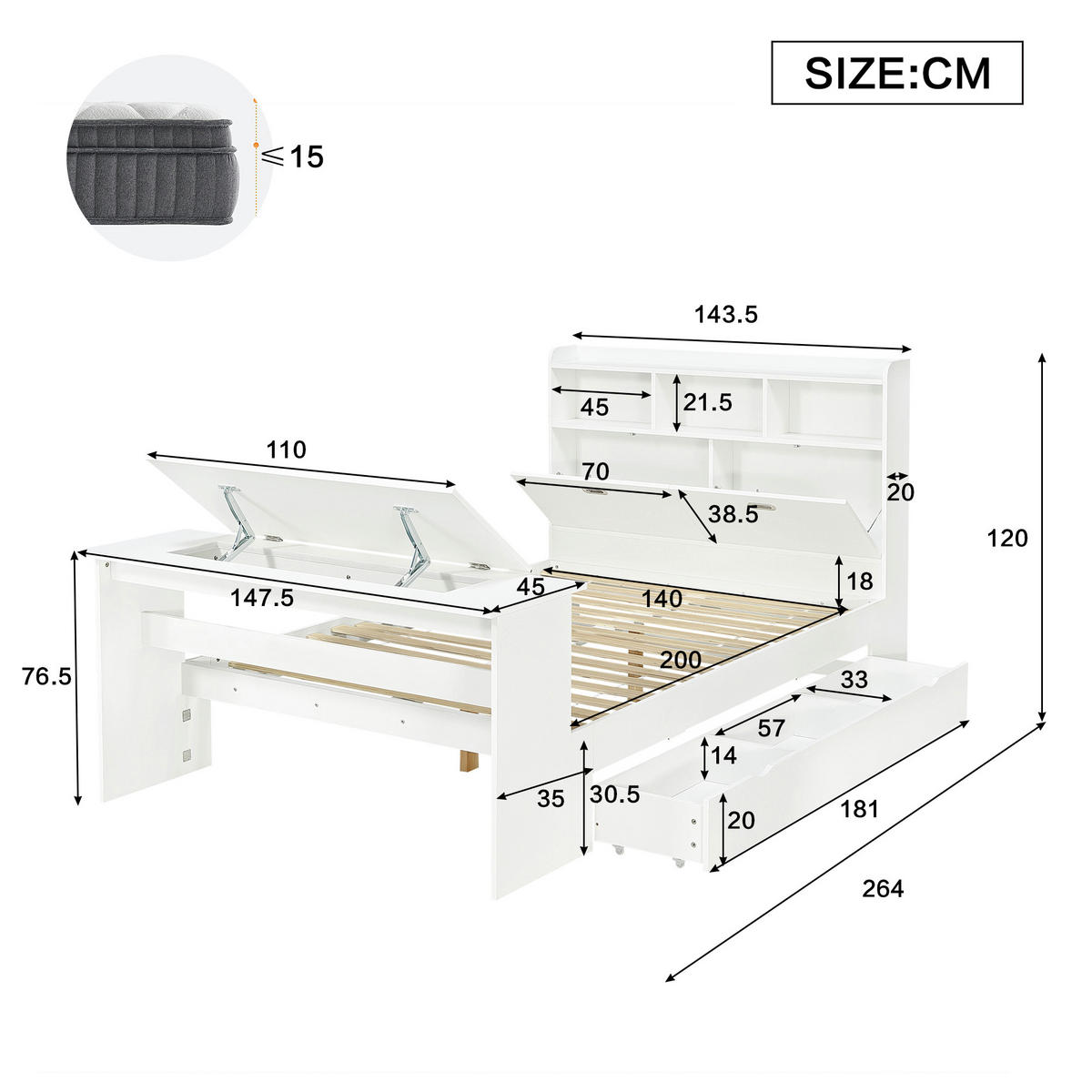 BETT 140/200 cm in Weiß mit Stauraum, Klapptisch und verstellbarer Schublade aus Holz - Weiß, Holzwerkstoff - STILVORA