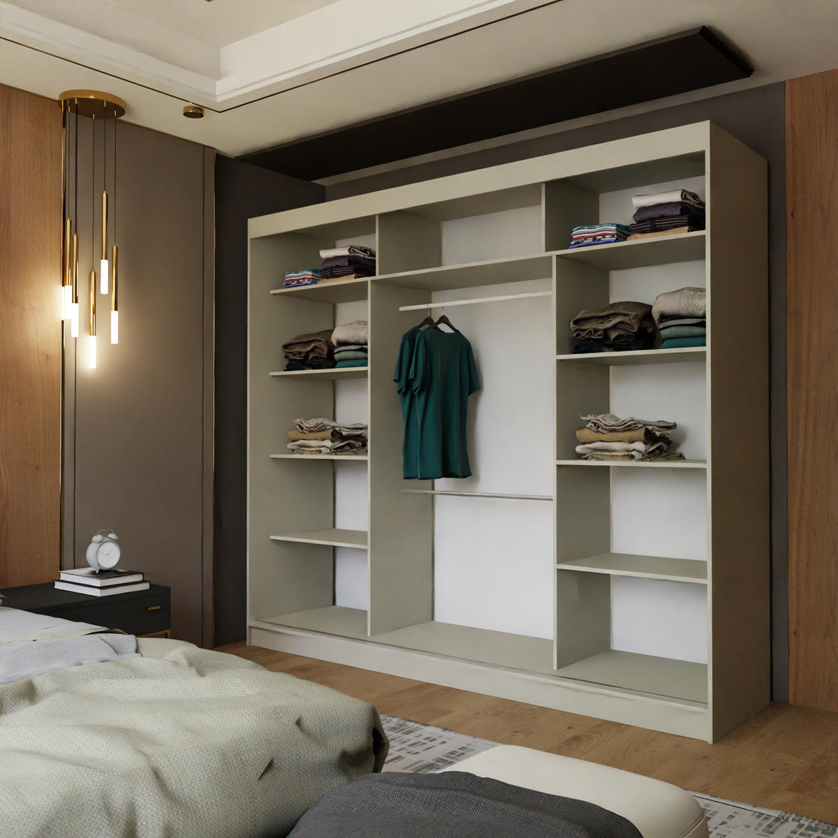 SCHWEBETÜRENSCHRANK Cabinio Beige Schwarz 240/216/61 cm – Modern, mit Lamellen - Beige/Schwarz, Holzwerkstoff/Kunststoff (240/216.1/61cm) - AX Living