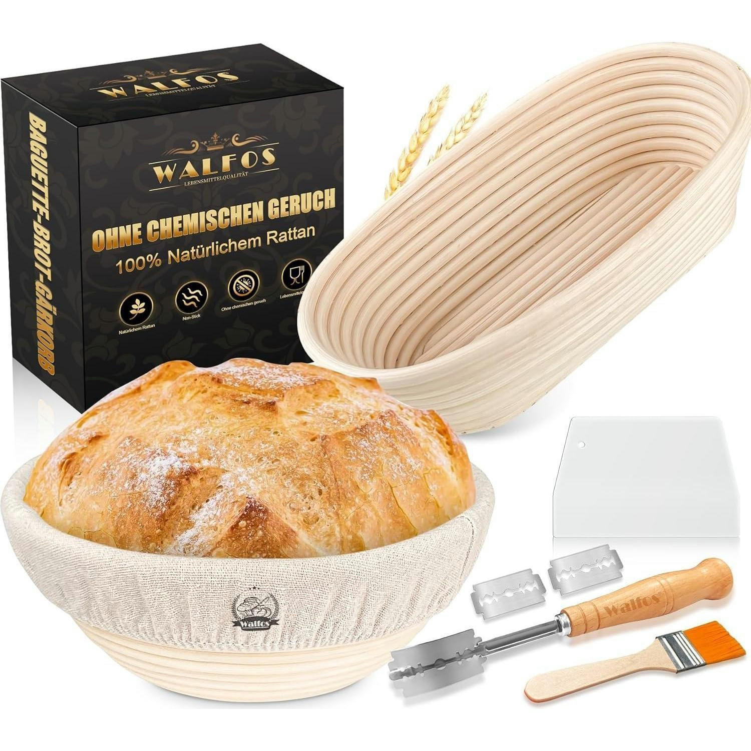 GÄRKÖRB Set 2-teilig Rattan 23cm Rund & 25cm Oval inkl. Zubehör - Creme, Naturmaterialien (25/8/8cm)