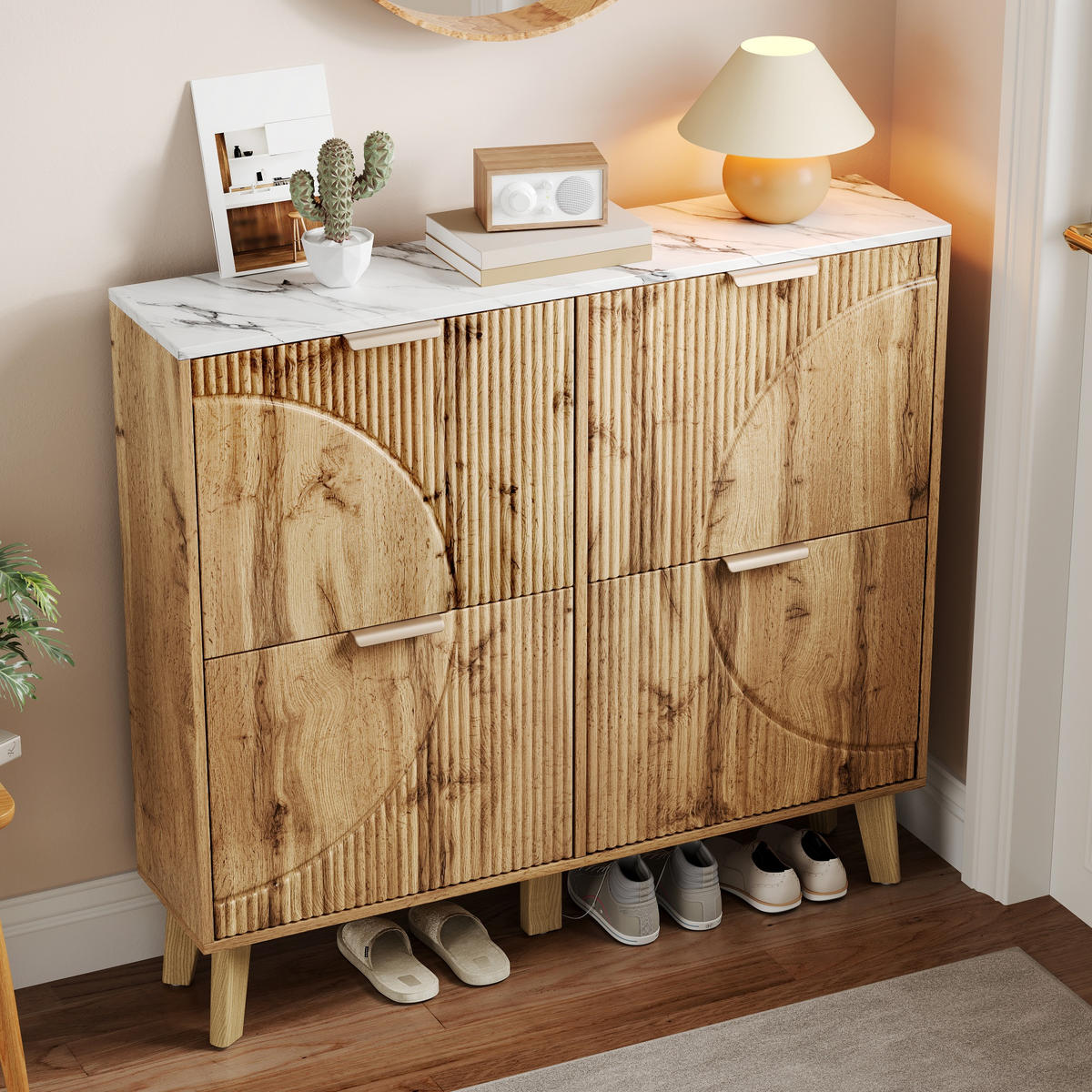 SCHUHSCHRANK 4 Türen Holzoptik Marmorplatte - Naturfarben, Holz (105/95.5/24cm) - LEBENLANG