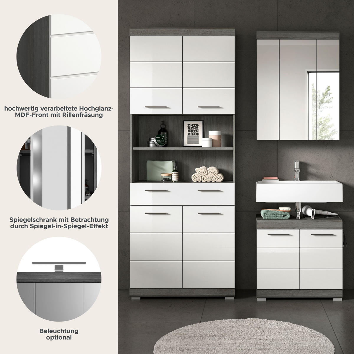 BADKOMBINATION 3tlg. Scout Bad in Rauchsilber Nachbildung und weiß hochglanz B/H/T: 149x191x34 cm - Anthrazit, Holz (149/191/34cm)