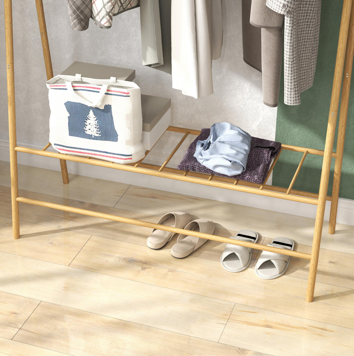 GARDEROBENSTÄNDER aus Bambus 116/43,5/160 cm mit Kleiderstange, 2 Haken und Schuhablage, Naturholz - Naturfarben, Naturmaterialien (116/160/43.5cm) - Redom