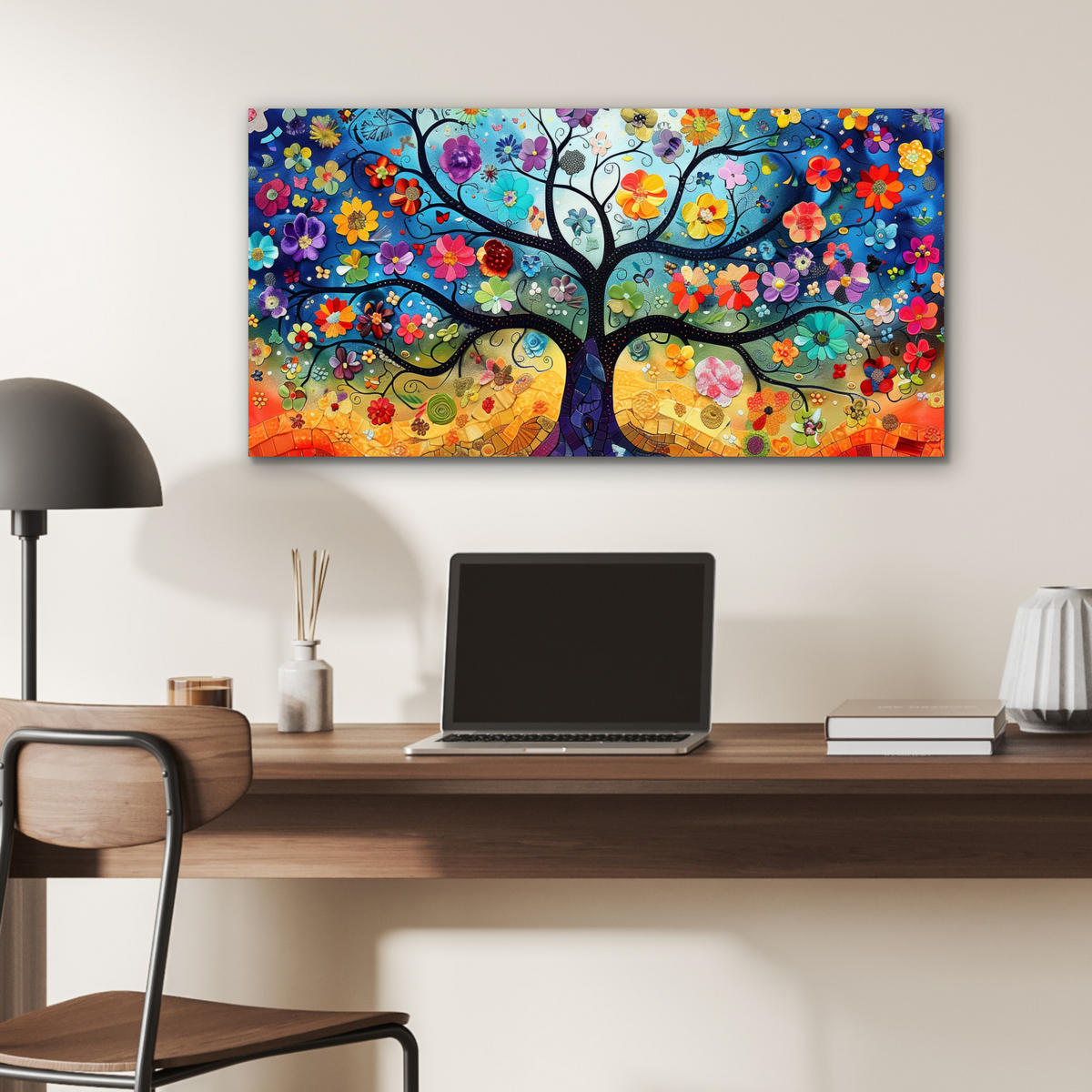KOVOVÝ OBRAZ Umenie - Strom života - Kvety - Hippie 80x40 cm - tmavomodrá, kov (80/40cm) - MuchoWow