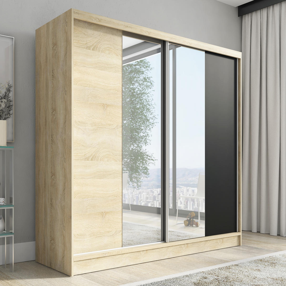 SCHWEBETÜRENSCHRANK 200 CM DUO Farbe: Sonoma | sonoma | schwarz - Schwarz/Braun, Holzwerkstoff (200/215/60cm) - A&J MöbelLand