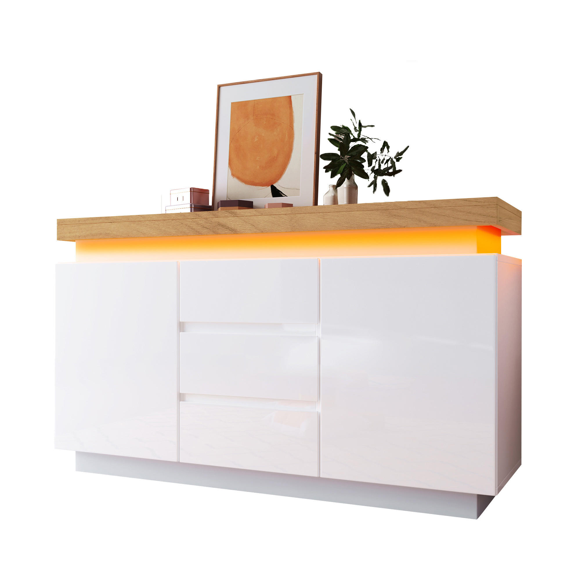 KOMMODE aus Spanplatte und MDF 39x140x81 cm Weiß mit LED-Beleuchtung, 2 Türen, 3 Schubladen und verstellbaren Einlegeböden - Weiß, Holzwerkstoff (140/81/39cm) - Modfu