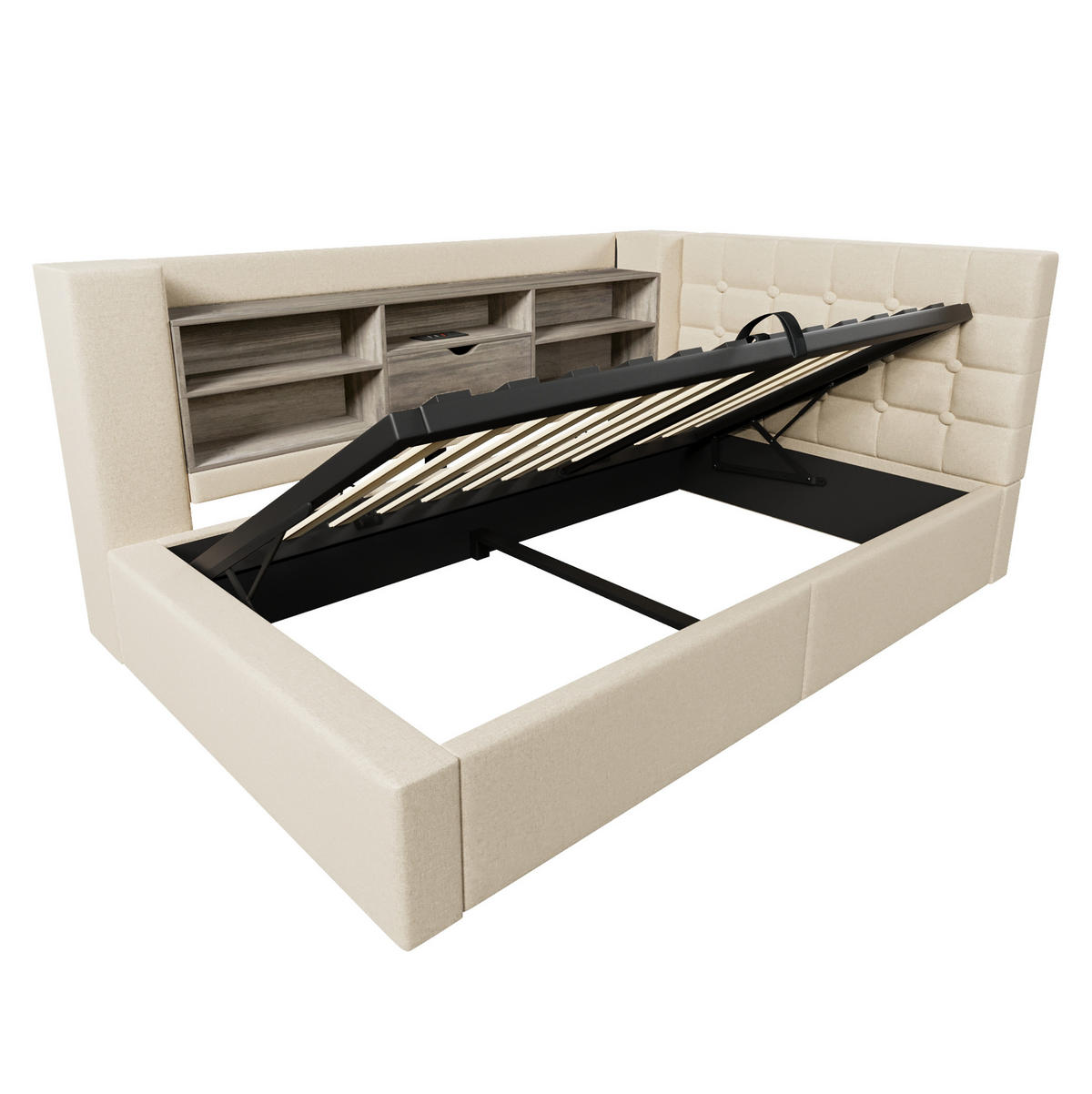 POLSTERBETT 90/200 cm mit LED-Beleuchtung, USB-Anschlüssen, hydraulischem Stauraum und L-Kopfteil, Beige - Beige, Textil (90/200cm) - Redom