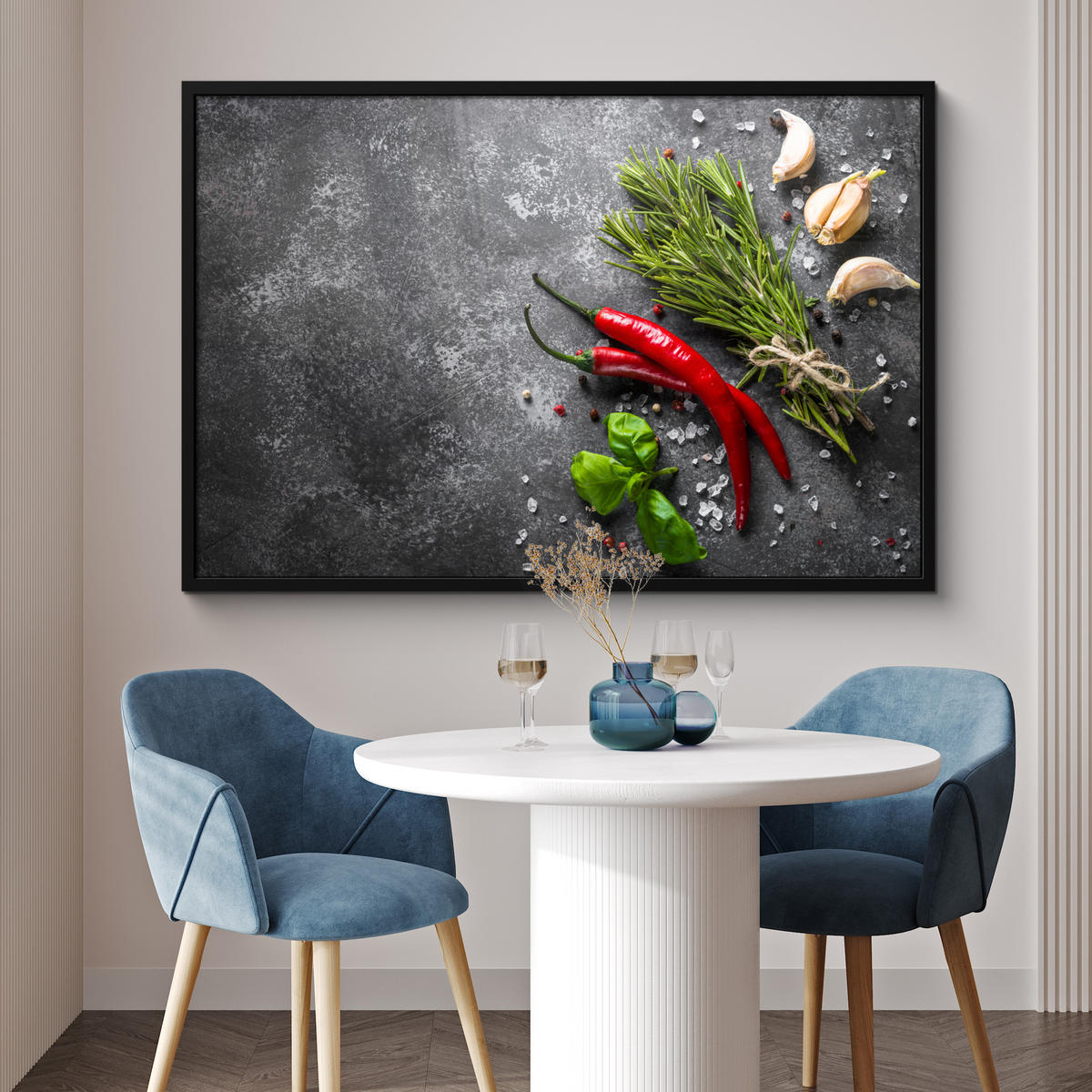 ZARÁMOVANÝ PLAGÁT Korenie - bylinky - korenie - betón 120x80 cm - tmavosivá, papier (120/80cm) - MuchoWow