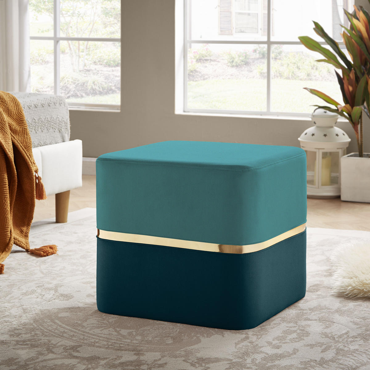 POUF Kate aus entenblauem Samt und goldenem Metall - Blau, Holzwerkstoff/Textil (50/45/50cm) - Sicaan