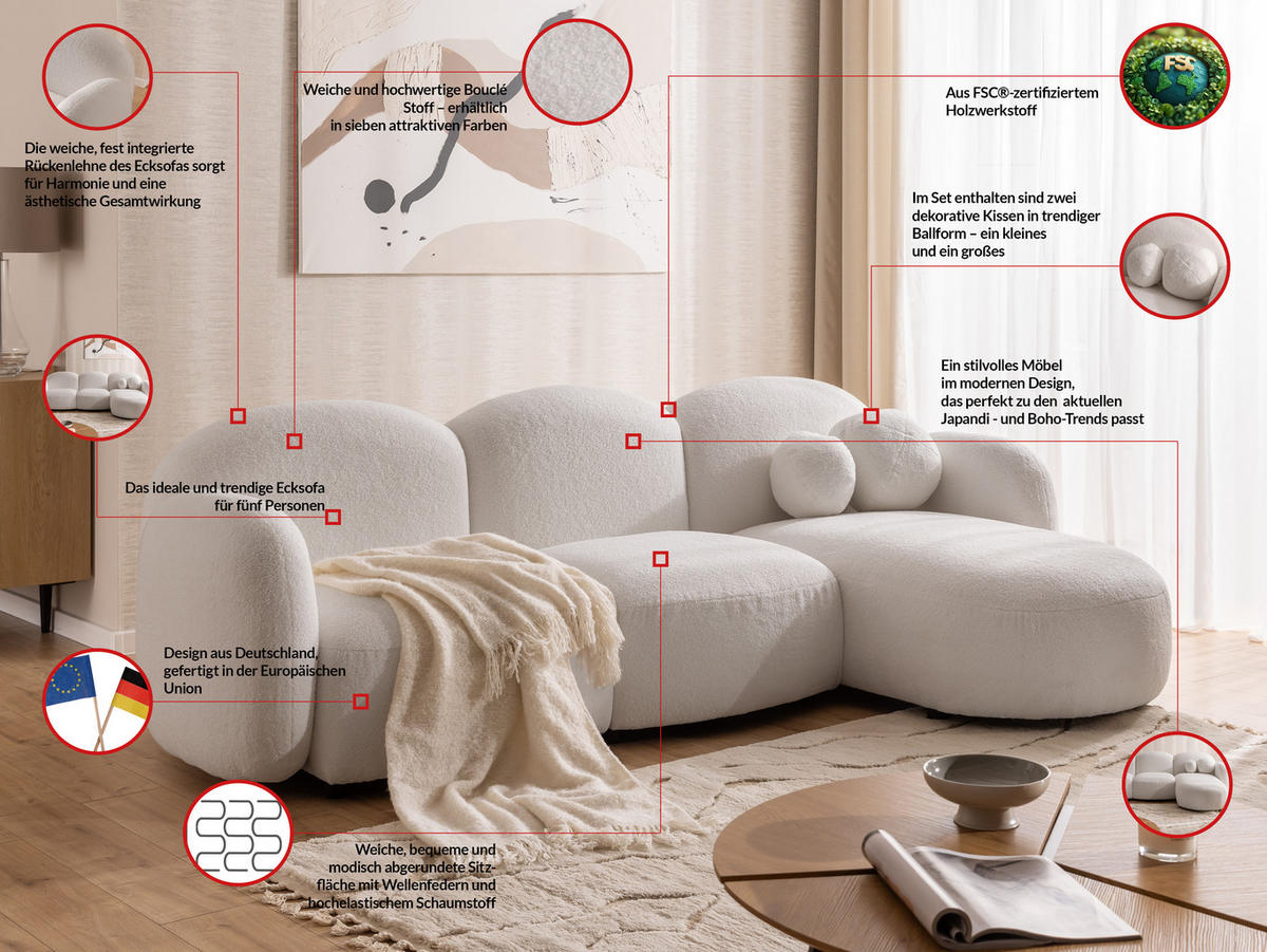 ECKSOFA Nuvola mit abgerundetem Design Schwarz Bouclé-Stoff - Ottomane Rechts - Schwarz/Weiß, Holz/Kunststoff (268/146cm) - S-Style Möbel