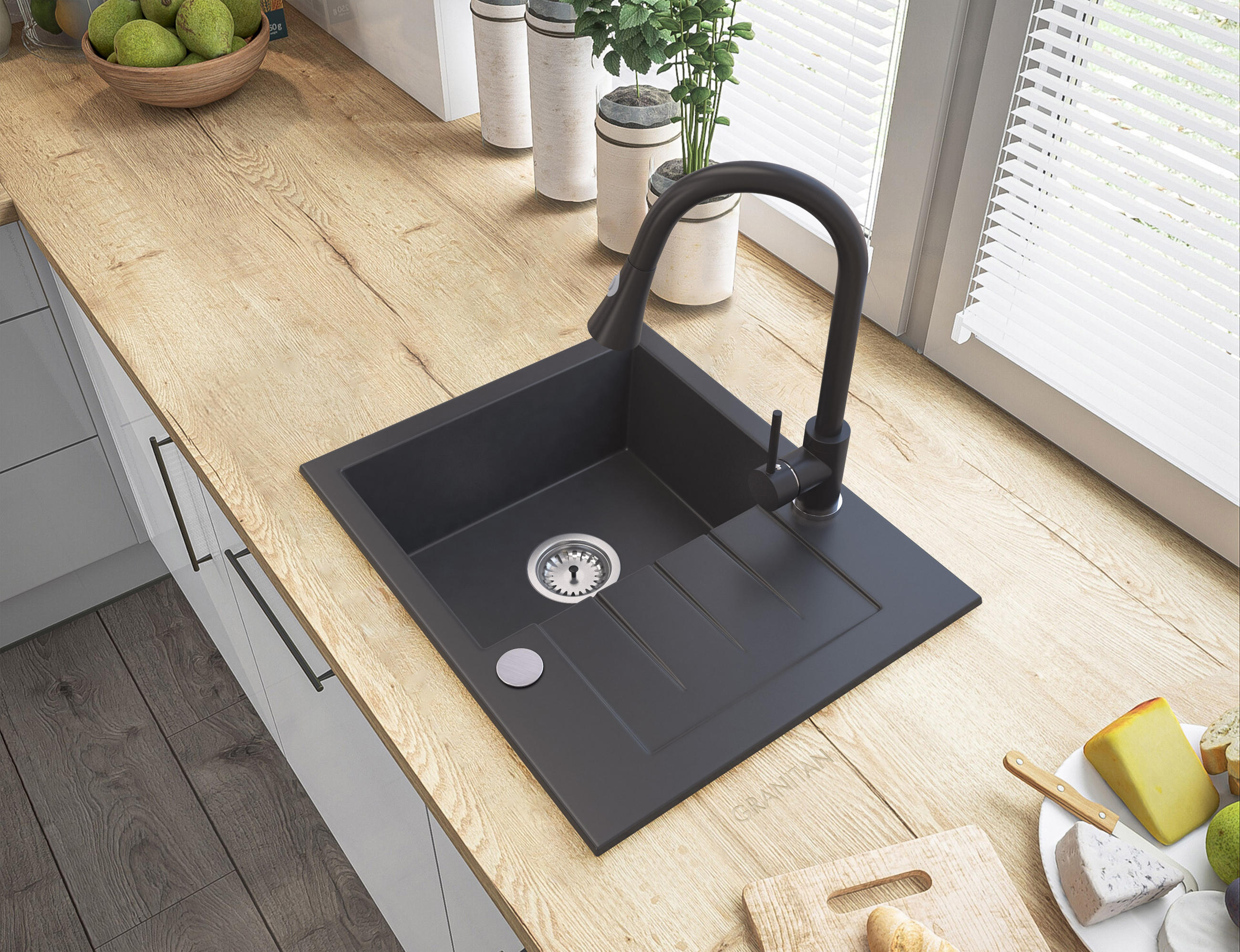 GRANITSPÜLE Tinos mit Siphon - Schwarz, Kunststoff/Stein (47/16/57cm) - Granitan
