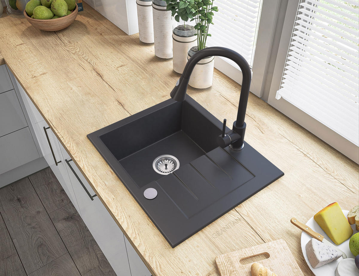 GRANITSPÜLE Tinos mit Siphon - Schwarz, Kunststoff/Stein (47/16/57cm) - Granitan