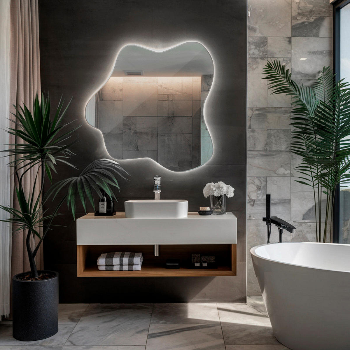 LED SPIEGEL 58 x 57,5 cm Unregelmäßige Form Kaltweiß 6500K - Transparent, Glas (58/58/0.4cm) - TULUP