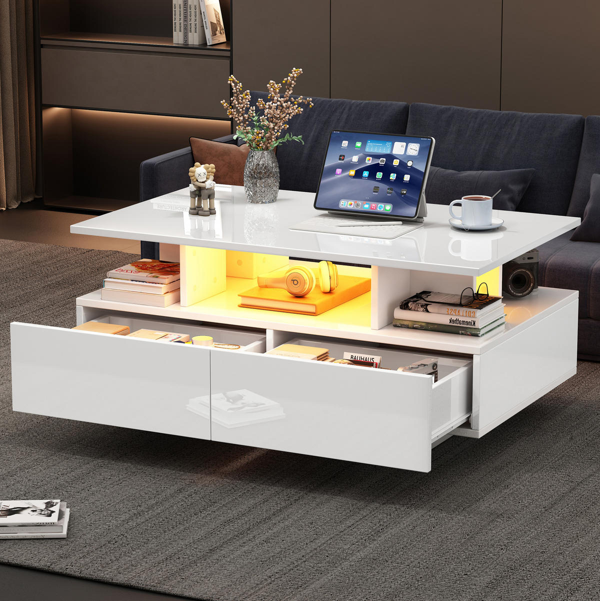 COUCHTISCH 90/55/41 cm weiß aus Spanplatte mit LED-Beleuchtung und 2 Schubladen - Weiß, Holzwerkstoff (90/55/41cm) - OKMYHOME