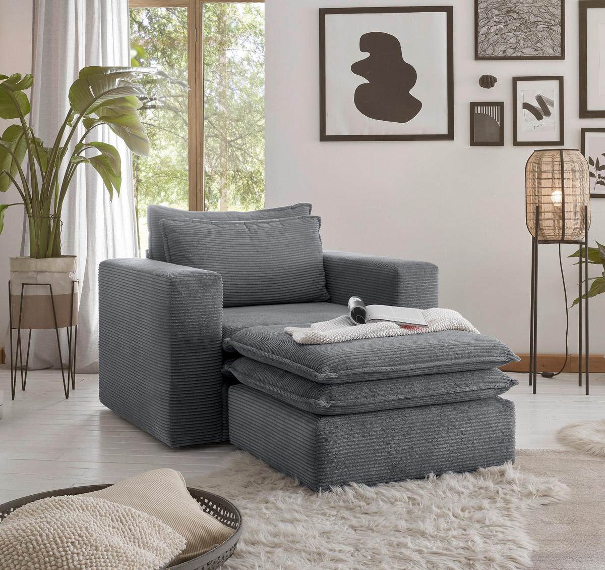 LOVESEAT Set grau Cord, Loungesessel inklusive Hocker - Beige/Grau, Holz/Kunststoff (110/83/161cm) - Furn.Design