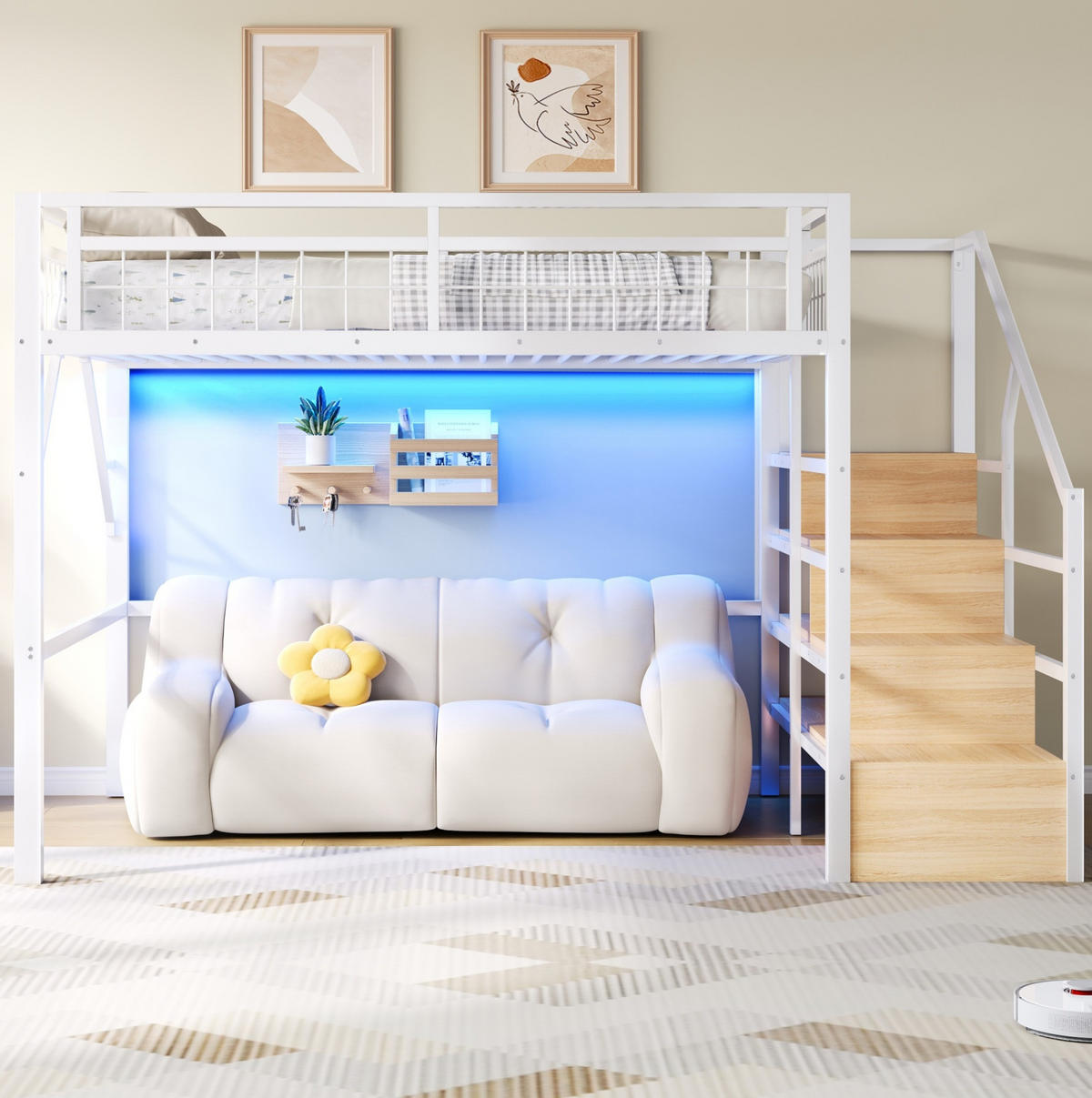 HOCHBETT 140x200 cm in Weiß mit LED-Beleuchtung und Stauraumtreppe - Weiß, Metall (140/200cm) - IVMEU