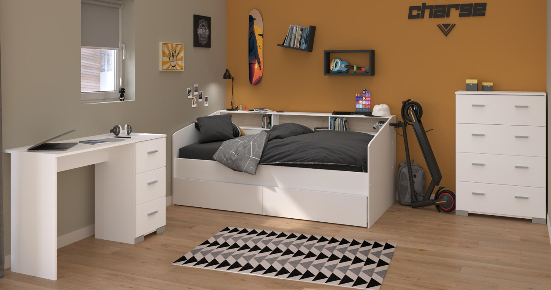 KINDERZIMMER Set 3-tlg. mit Schreibtisch Kommode Bett 90x200 cm - Silberfarben/Weiß, Holzwerkstoff/Kunststoff (120/107/82cm) - Parisot Meuble