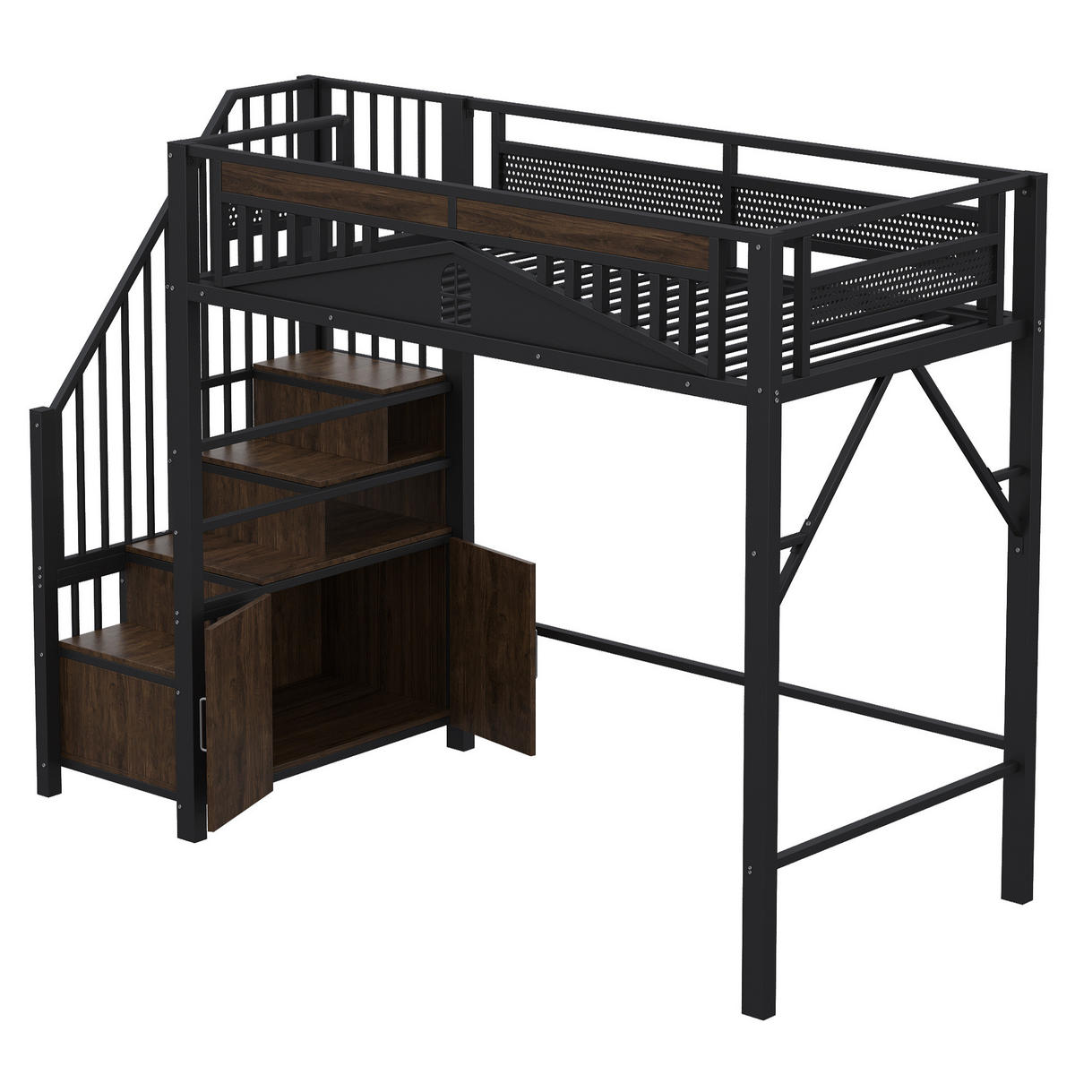 HOCHBETT 90/200 cm aus Metall/Holz mit Stauraumtreppe und Fensterzaun Schwarz - Schwarz, Metall (90/200cm) - Modenvie