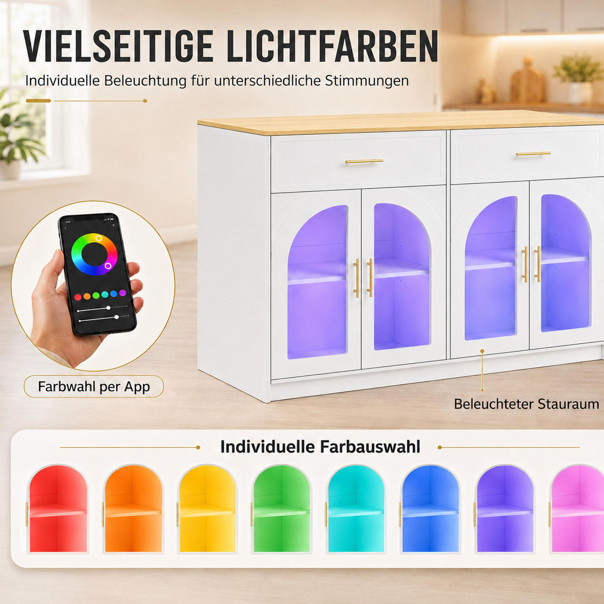 KÜCHENINSEL DE-41097 135/55/91 cm mit LED-Beleuchtung Weiß - Weiß, Holzwerkstoff (135/91/55cm) - ComfortXL