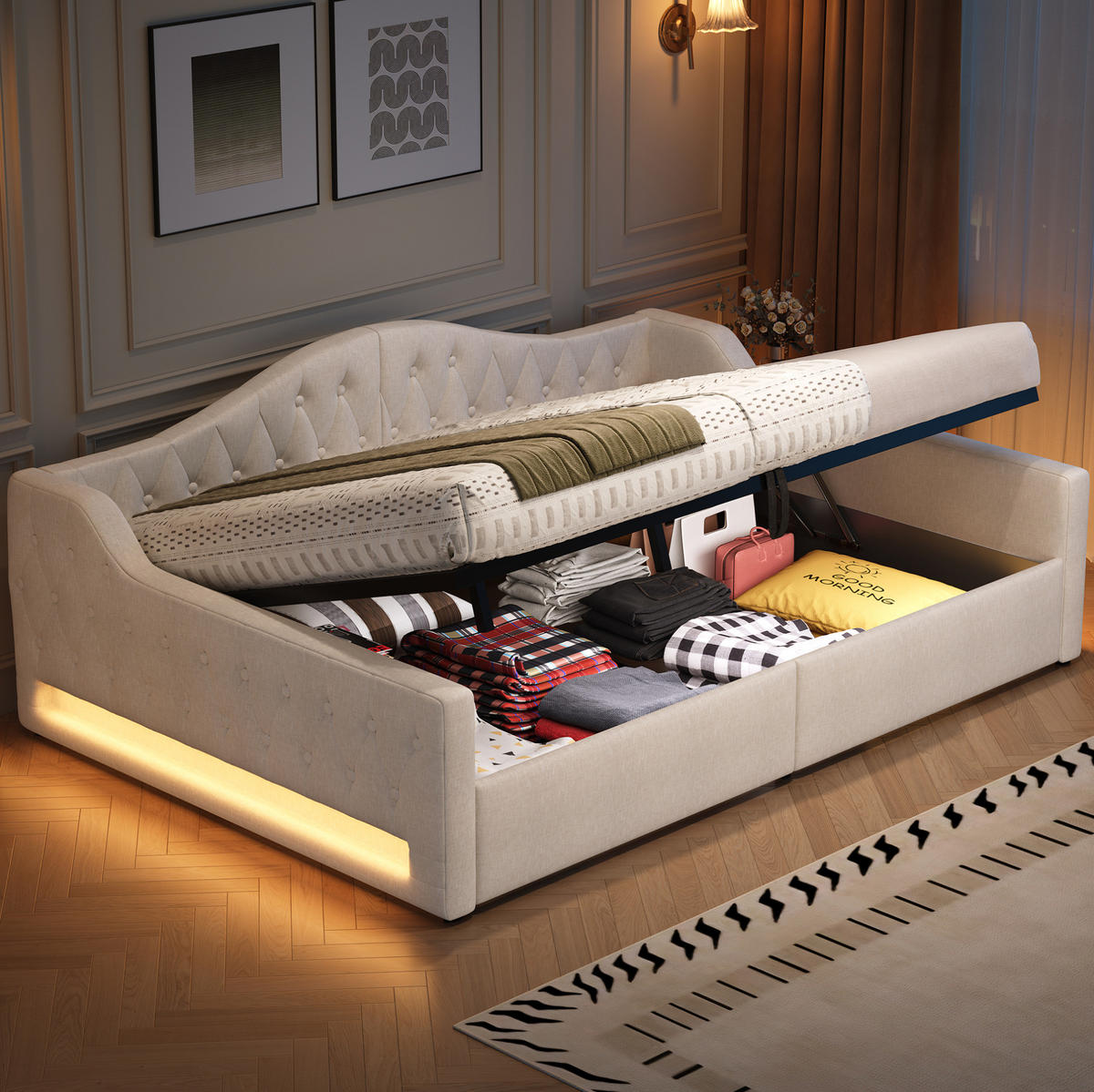 ČALOUNĚNÁ postel 140/200 cm, MDF a překližka, béžová, s LED osvětlením a úložným prostorem - béžová, kompozitní dřevo (140/200cm) - BEAOK