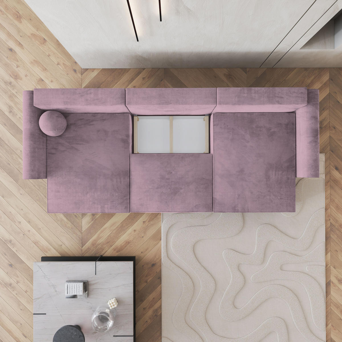 WOHNLANDSCHAFT FENTO M Lila Velours-Stoff mit Schlaffunktion - Lila, Holz (347/90/148cm) - MASSENO