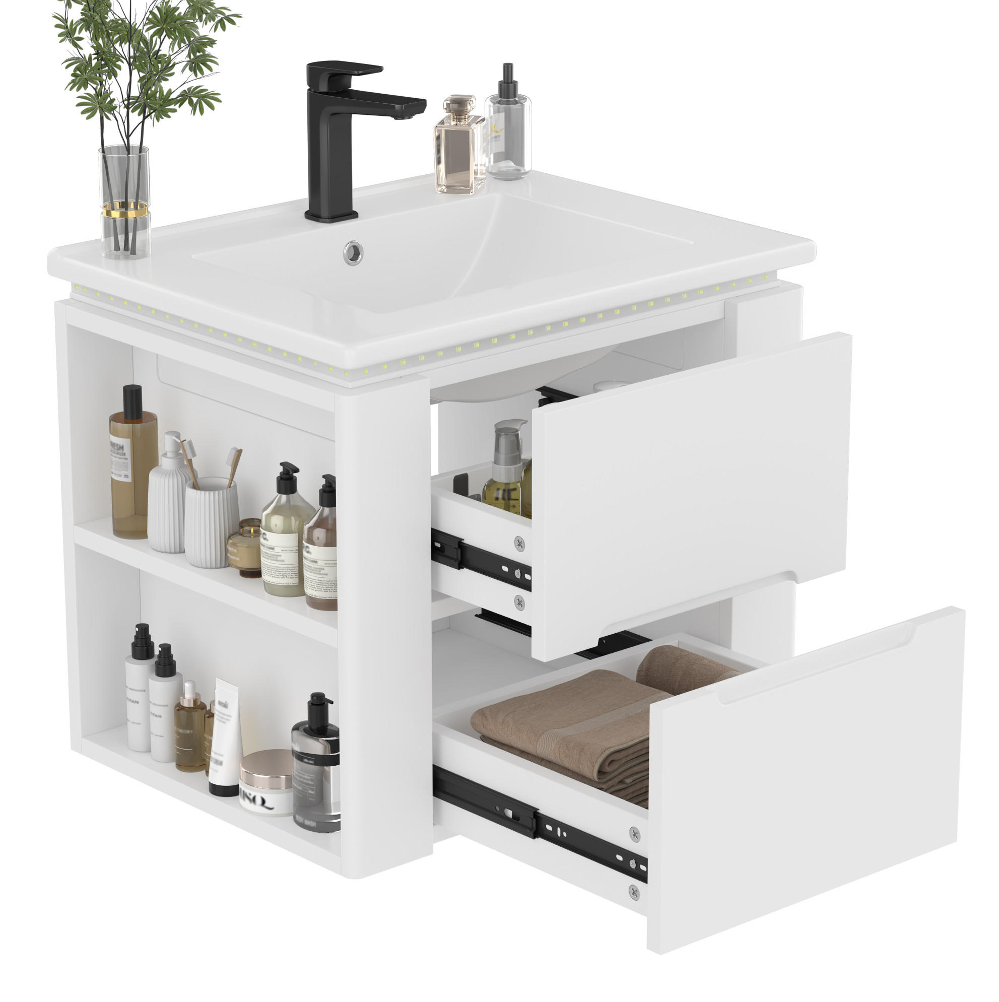 WASCHTISCHKOMBI 60/46/48,5 cm Weiß aus Keramik und MDF mit LED-Radarsensor-Beleuchtung - Weiß, Holzwerkstoff (61/48.5/46cm) - OKMYHOME
