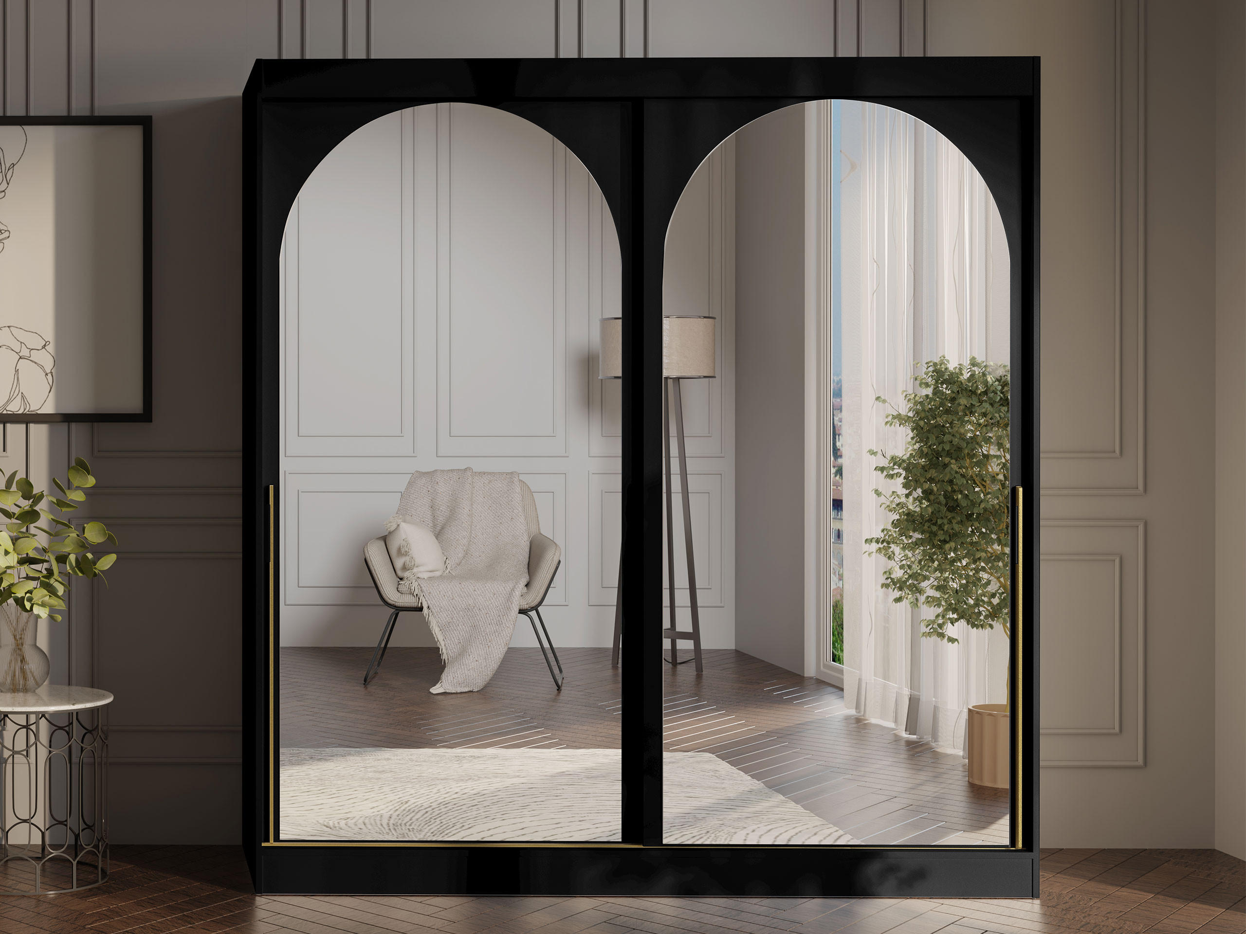 SCHIEBETÜRENSCHRANK Modin 200 - Goldfarben/Schwarz, Holzwerkstoff/Kunststoff (200/216/65cm) - MIRJAN24