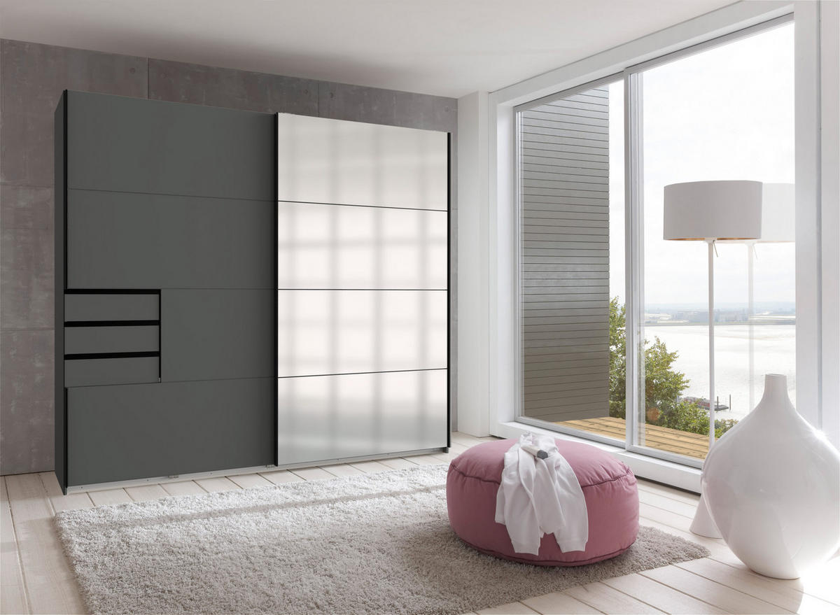 KLEIDERSCHRANK Saigon in Grafit und schwarzen Griffen mit einer Spiegel Türfront – Schwebetürenschrank 2 türig - 225 cm Breite - Grau, Holzwerkstoff (80/200/120cm)