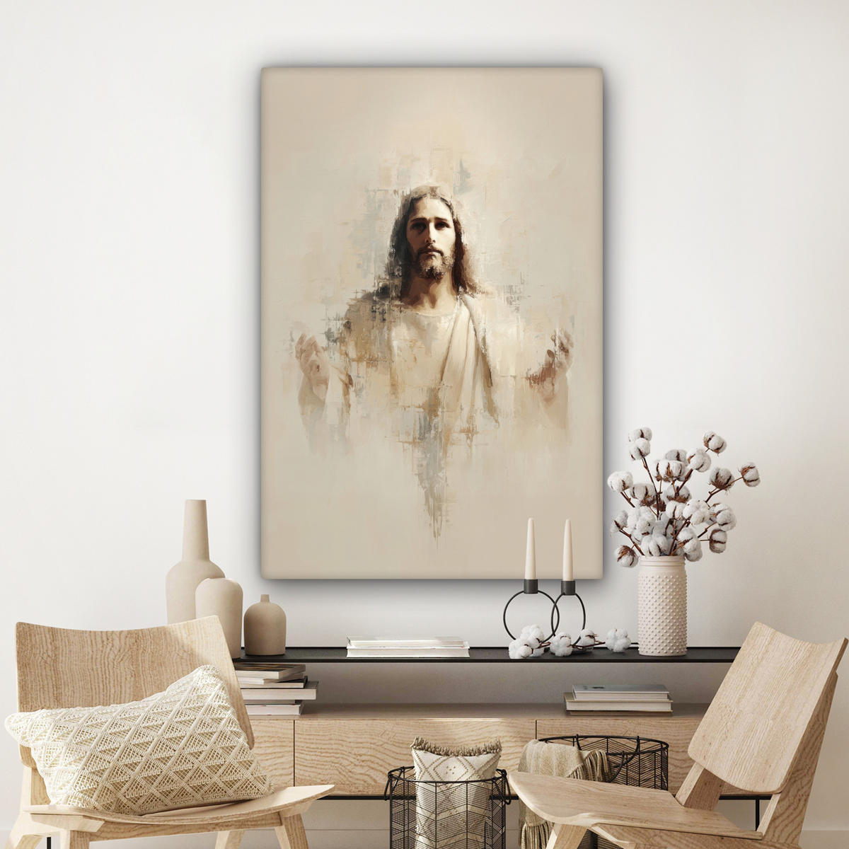 LEINWANDBILD Porträt - Abstrakt - Jesus - Beige Deko XXL 80x120 cm - Beige, Textil (80/120cm) - MuchoWow