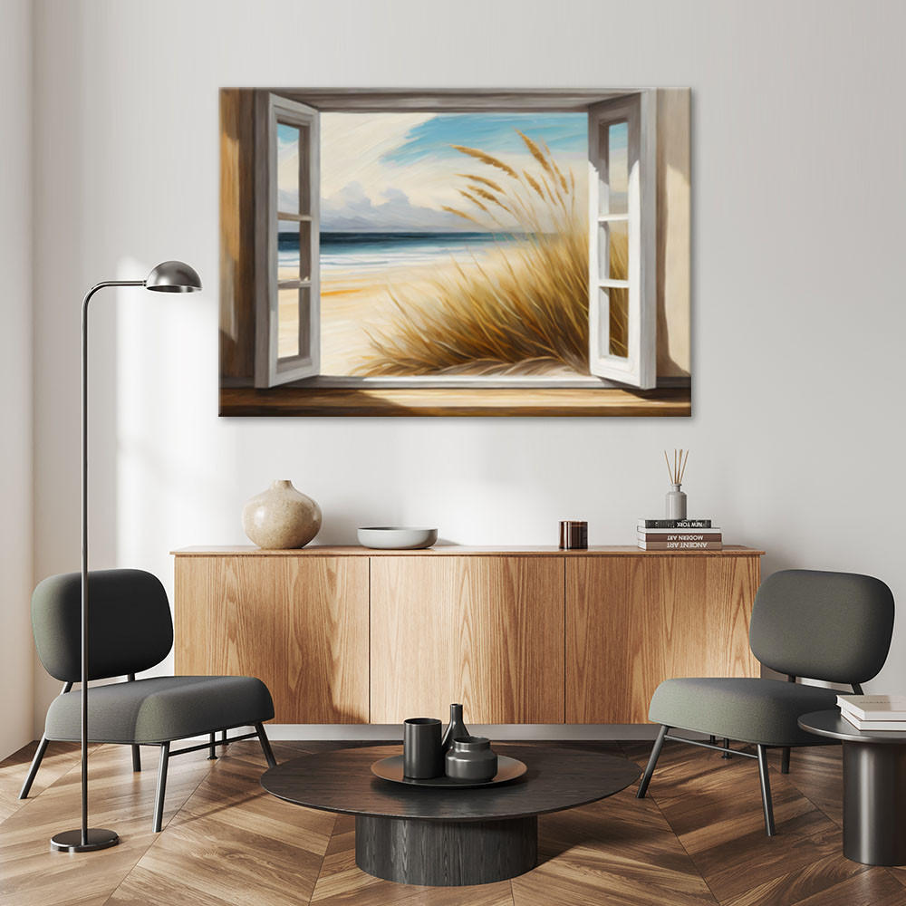 LEINWANDBILD Blick aus dem Fenster auf den Strand 100x70cm - Gelb, Textil (100/70cm) - Feeby