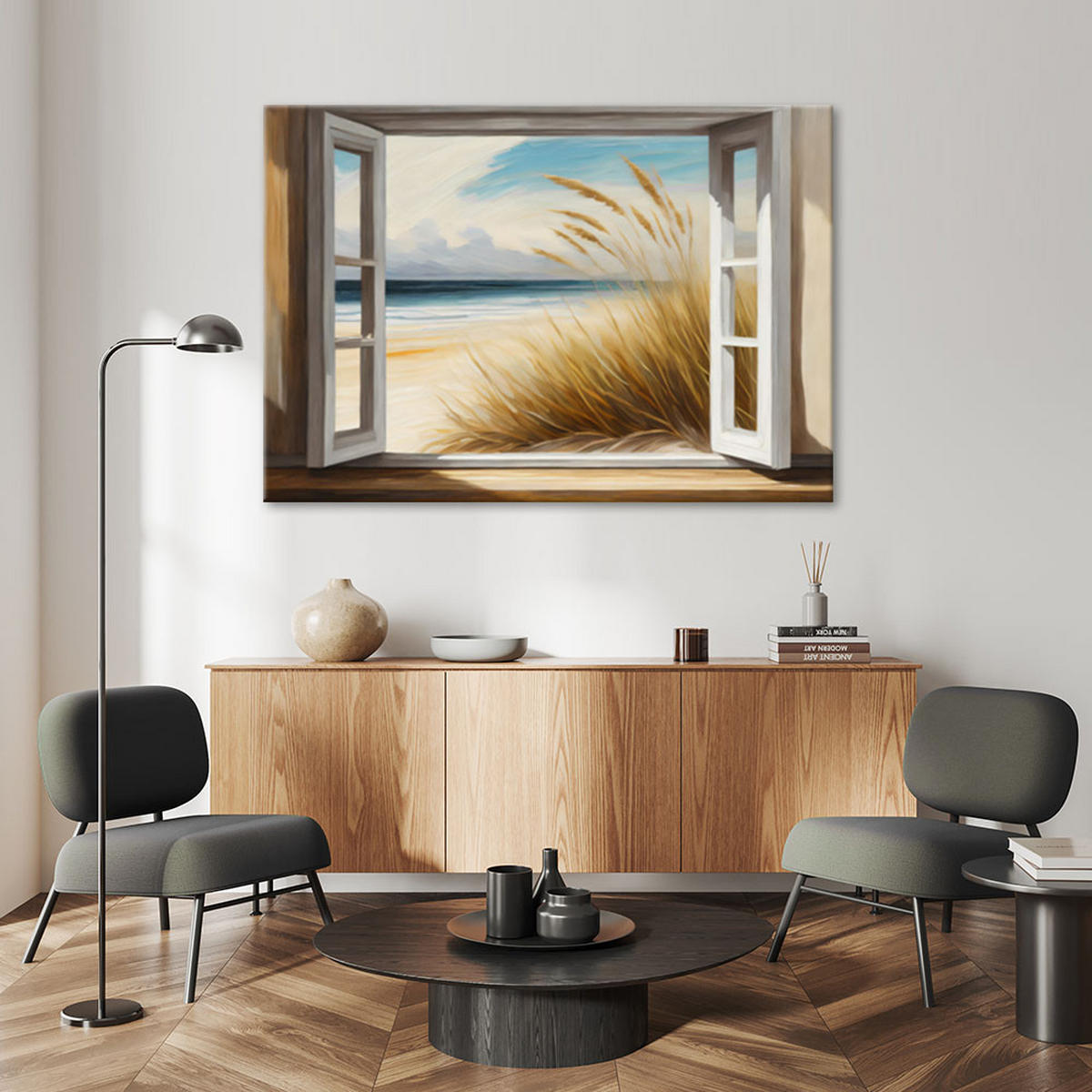 LEINWANDBILD Blick aus dem Fenster auf den Strand 120x80cm - Gelb, Textil (120/80cm) - Feeby