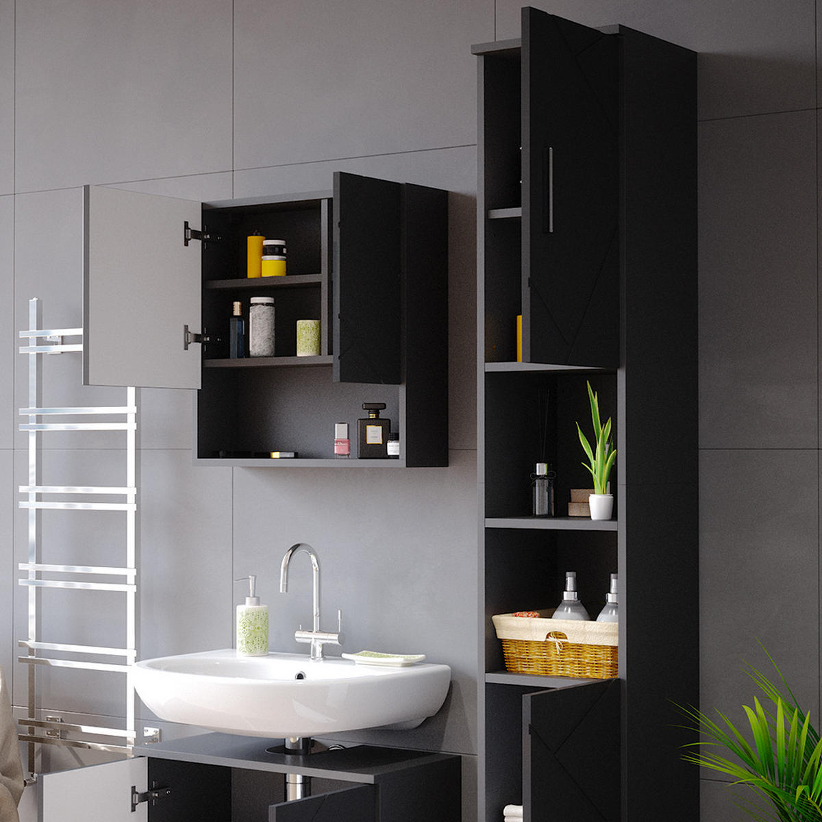 BADSCHRANK Irma Anthrazit Hochglanz 30 x 192 cm - Anthrazit, Holzwerkstoff (30/192/30cm) - Vicco