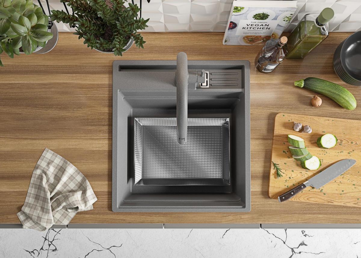 SPÜLBECKEN Oslo Pocket, 2-er set Grau 48/53 cm 1 Becken + Ablauf-Set + Küchenzubehörset ab 50er Unterschrank - Chromfarben/Beige, Kunststoff (48/20/53cm) - Primagran