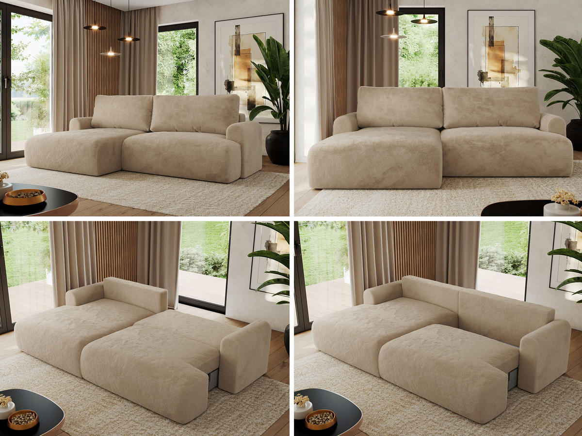ECKSCHLAFSOFA TONO L Beige Plüsch - links - Beige/Schwarz, Kunststoff/Textil (260/150cm) - MKS