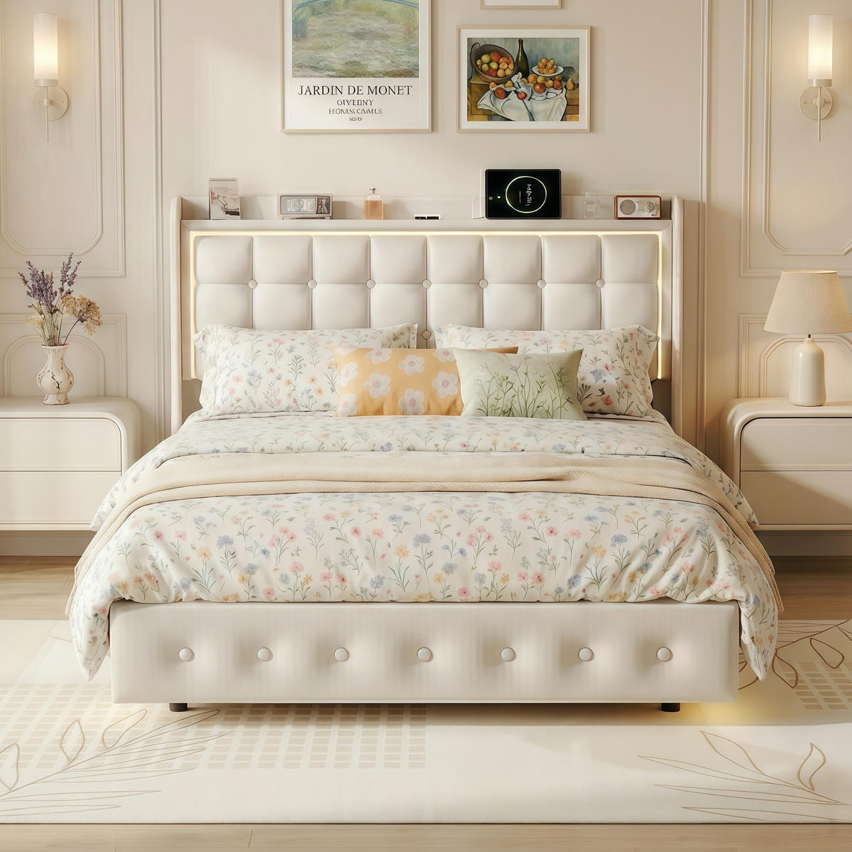 POLSTERBETT 160x200 cm - Polsterbettgestell mit LED-Kopfteil, USB-Anschlüssen und Lattenrost, Erwachsenen- und Jugendbett - Beige - Beige, Holzwerkstoff (160/200cm) - Brevoria
