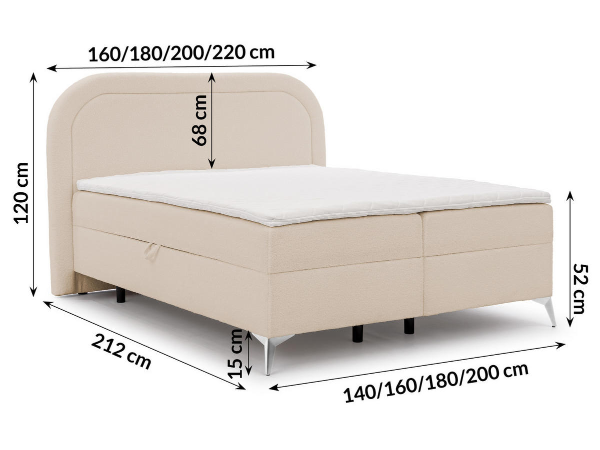 BOXBETT Sonna 160/200 cm Hellbeige Bouclé-Stoff mit abgerundetem Kopfteil und mit silbernen Metallfüßen - Beige/Silberfarben, Holz/Textil (160/200cm) - S-Style Möbel