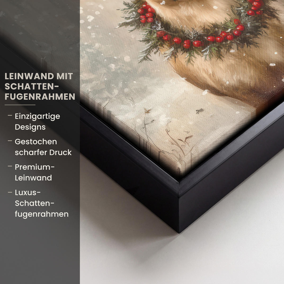 LEINWAND Bilder mit Rahmen - Weihnachten - Rentier - Winter - Kranz - 20x30 - Naturfarben, Textil (20/30cm) - MuchoWow