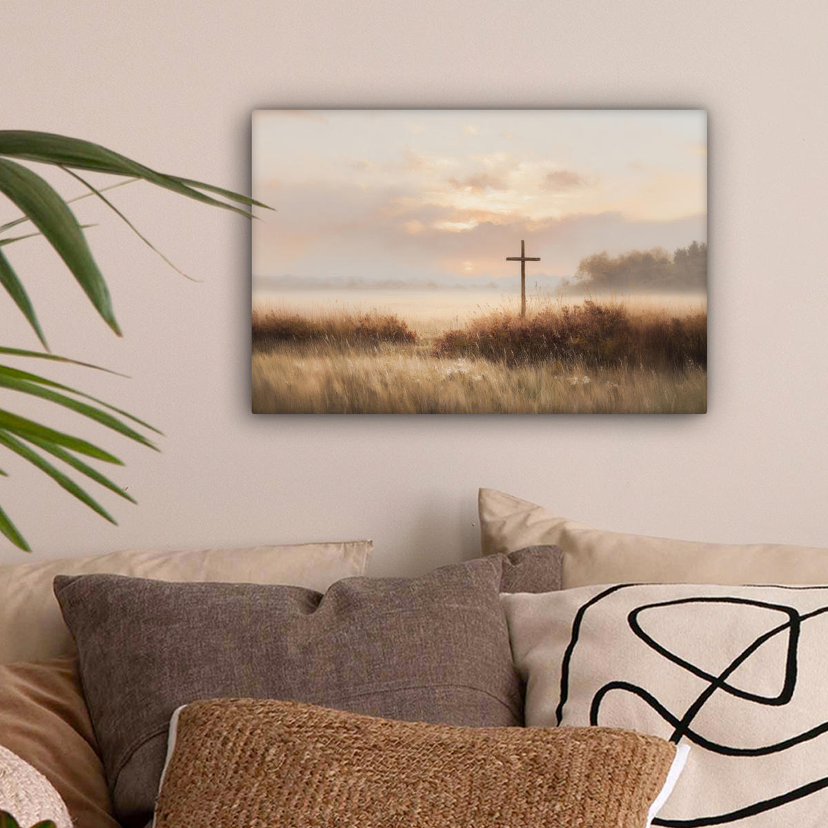 LEINWANDBILD Gras - Morgennebel - Kreuz - Christentum Deko Schlafzimmer 30x20 cm - Beige, Textil (30/20cm) - MuchoWow
