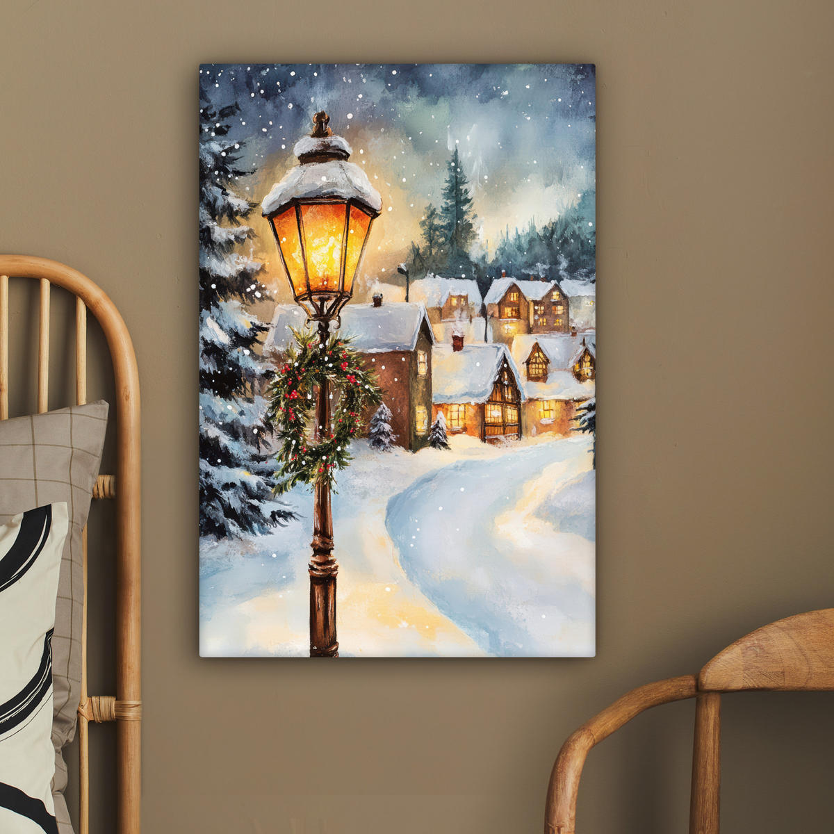 LEINWANDBILD Weihnachtsdorf - Häuser - Schnee - Weihnachten 60x90 cm - Sandfarben, Textil (60/90cm) - MuchoWow